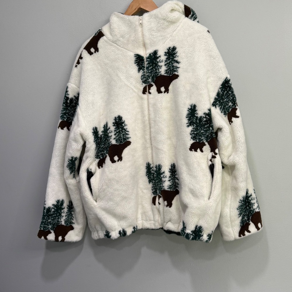 Country Woods Bear Pine Tree Fleece Jacket White Green Full Zip Hooded Medium